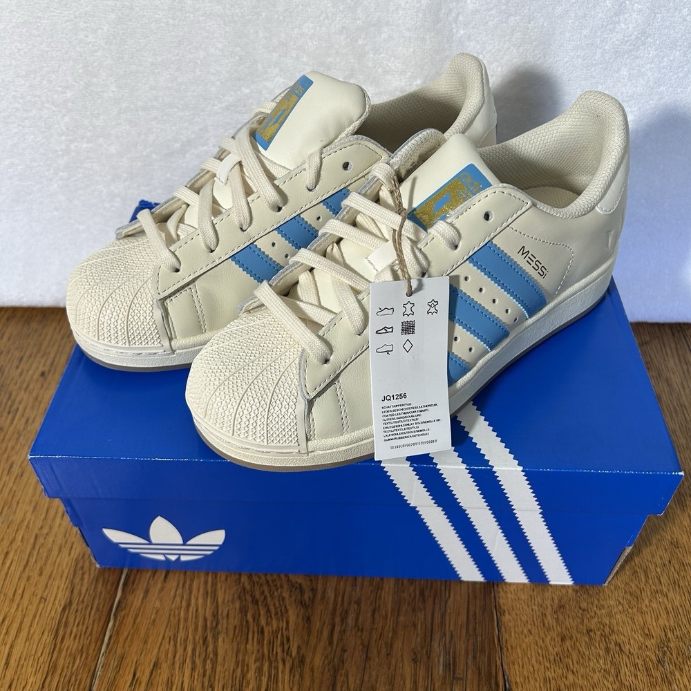 Adidas Womens Size 8.5 Superstar Messi Argentina Beige Blue Burst JQ1256 Shoes